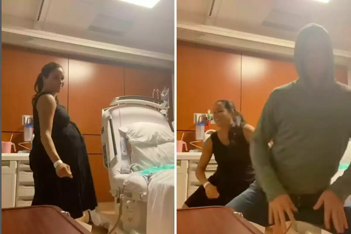 Meghan Markle embarazada bailando en una habitación de hospital junto a una cama médica y acompañada por el príncipe Harry con sudadera Meghan Markle embarazada bailando en una habitación de hospital junto a una cama médica y acompañada por el príncipe Harry con sudadera