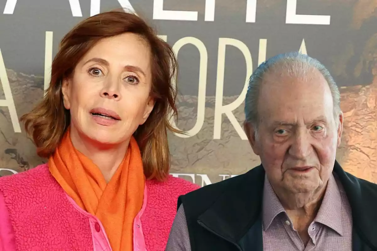 Ágatha Ruiz de la Prada y Juan Carlos I posan frente a un fondo con texto.