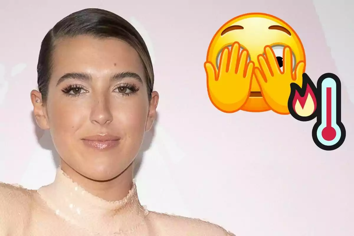 Alba Díaz con cabello recogido y expresión neutral junto a un emoji de cara con manos cubriendo los ojos y un termómetro con una llama.