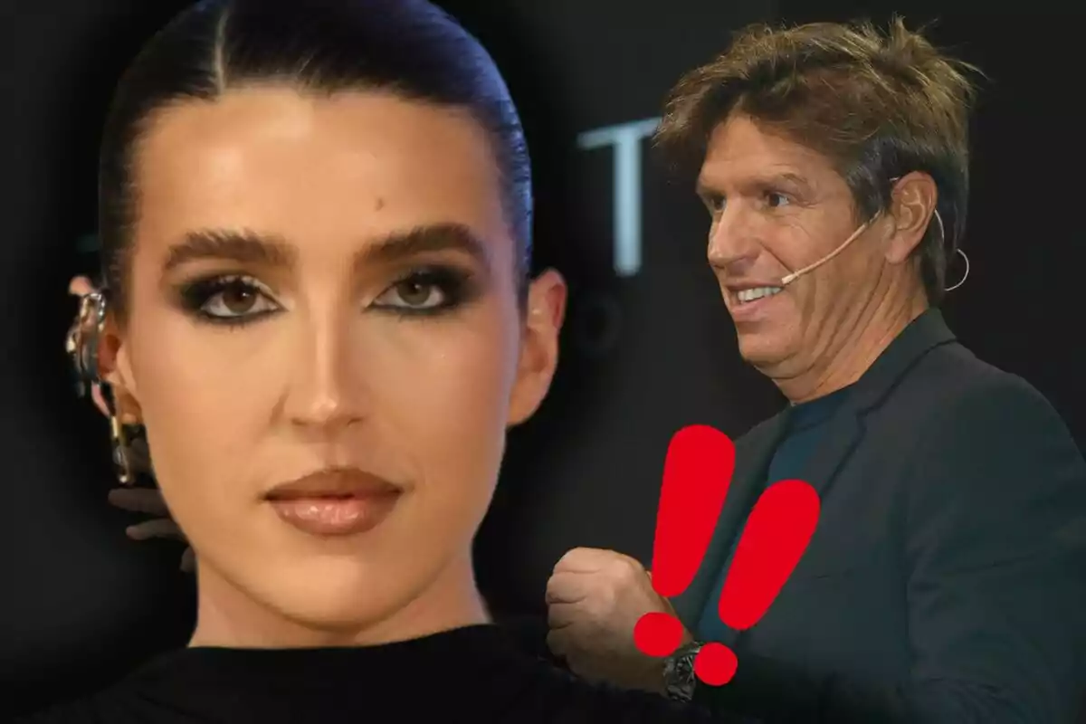 Alba Díaz con maquillaje elegante y Manuel Díaz con micrófono en la oreja, con signos de exclamación rojos en el centro.