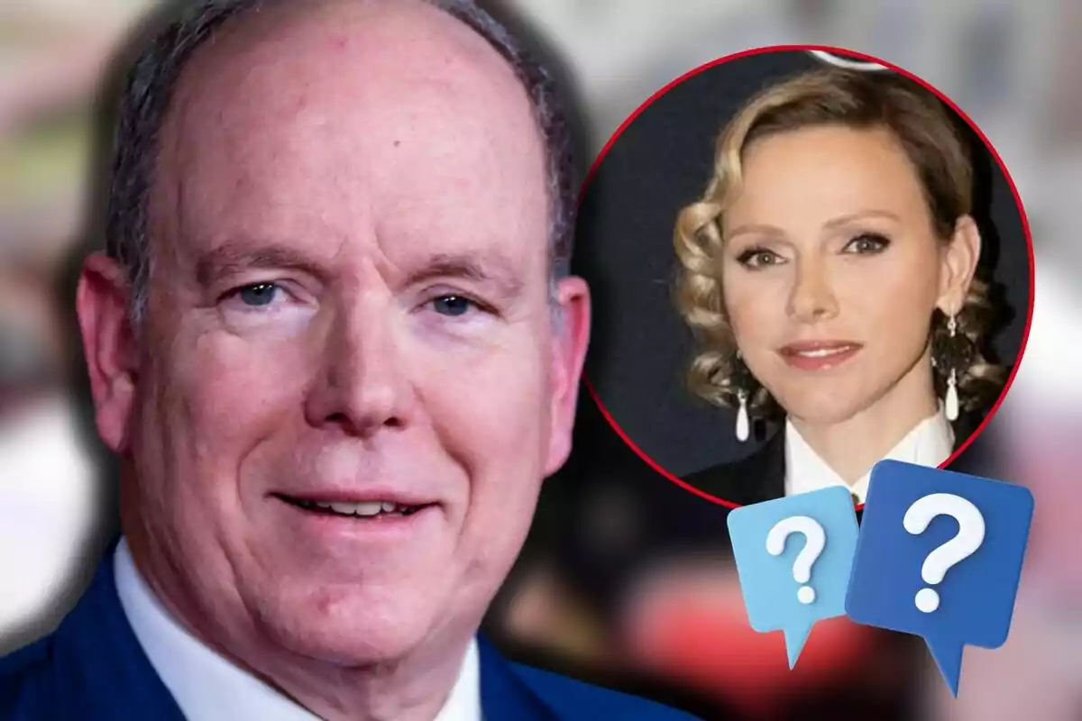 Alberto de Mónaco con traje azul y Charlene en un círculo rojo con signos de interrogación.