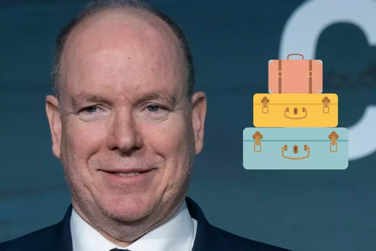 Albert of Monaco in a dark suit smiles in front of a blue background; next to him, there is a drawing of three stacked suitcases in different colors.