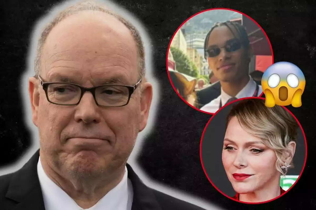 Alberto de Mónaco de expresión seria en primer plano con Alexandre y Charlene en círculos rojos y un emoji de sorpresa en la esquina superior derecha