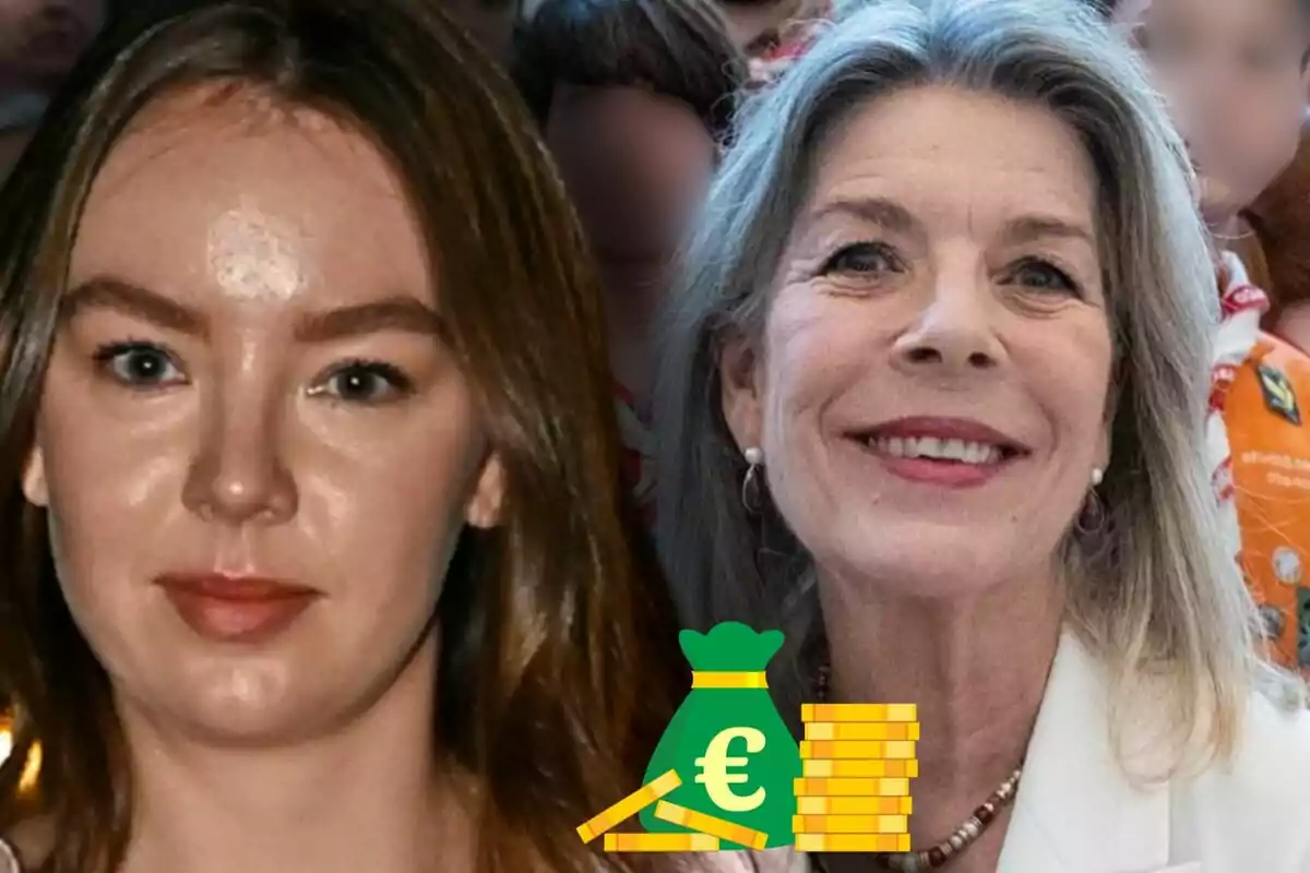 Alejandra de Hannover y Carolina de Mónaco posan juntas mientras al frente aparece un icono de bolsa de dinero y monedas