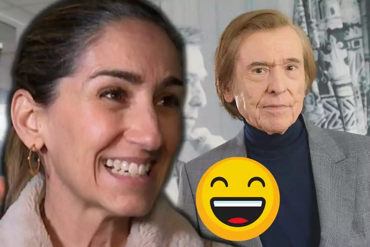 Alejandra Martos sonriente en primer plano y Raphael con expresión seria al fondo, junto a un emoji de cara feliz.