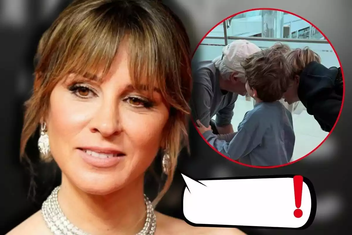 Alejandra Silva with jewelry smiles while in a red circle three people are seen interacting closely.