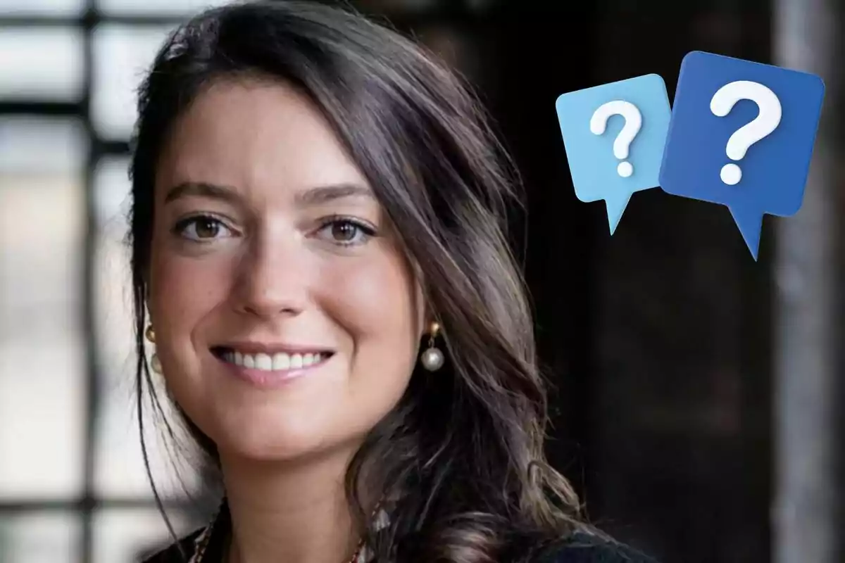 Alexandra of Luxembourg smiling with dark hair and pearl earrings with two speech bubbles with question marks in the background.