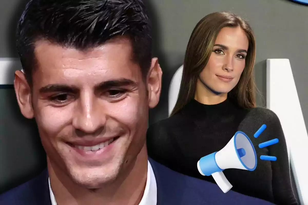 Álvaro Morata sonriente en primer plano y María Pombo en el fondo con un megáfono dibujado sobre su hombro