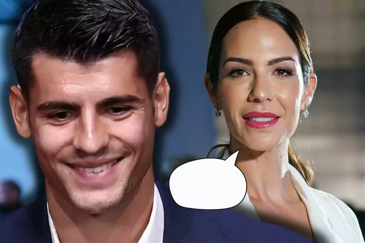 Álvaro Morata sonriente en primer plano y Tamara Gorro con labios rojos al fondo, con un globo de diálogo vacío entre ellos