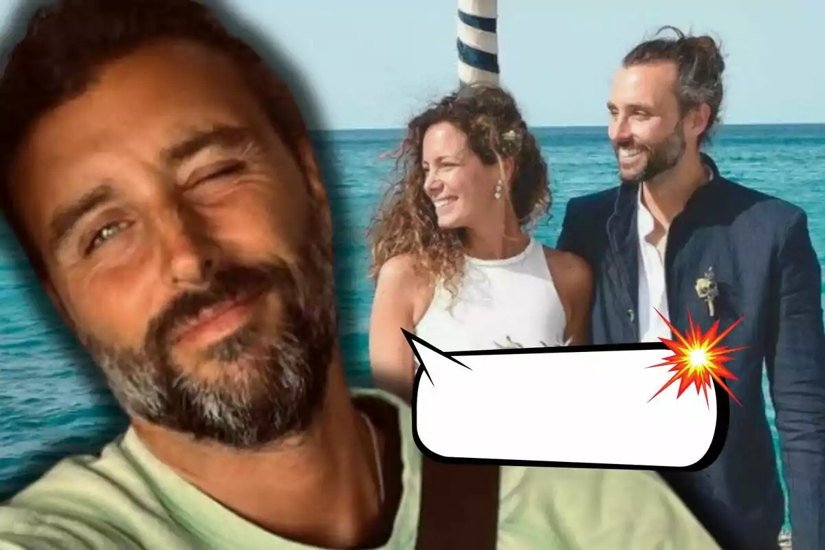 Álvaro Puerto winking in the foreground and him with Laura Madrueño smiling in the background by the sea with an empty speech bubble.