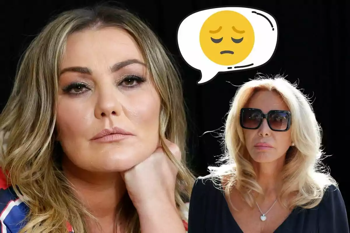 Amaia Montero y Norma Duval con expresiones serias, una de ellas con un emoji triste en un globo de diálogo.