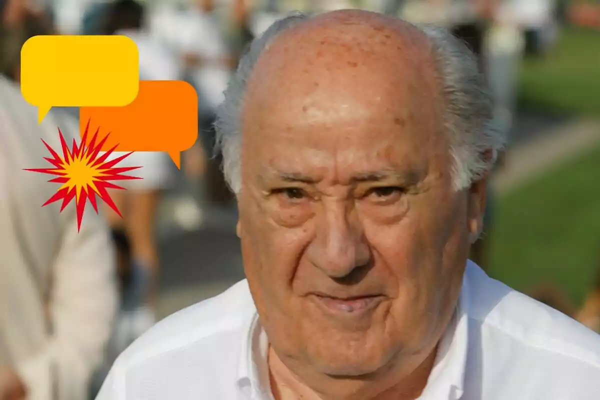 Amancio Ortega con cabello canoso y expresión seria en un entorno al aire libre con globos de diálogo y un símbolo de explosión en la esquina.