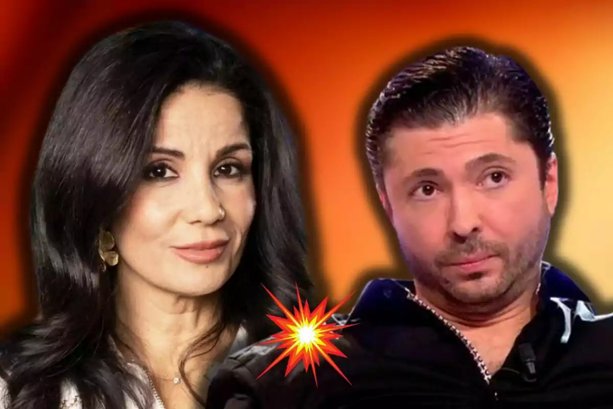 Ana Herminia y Ángel Cristo con expresiones serias sobre un fondo degradado con un efecto de explosión entre ellas.