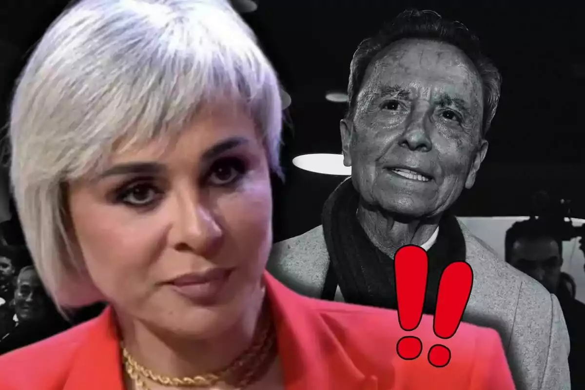 Ana María Aldón en primer plano con expresión seria y Ortega Cano en blanco y negro al fondo junto a dos signos de exclamación rojos