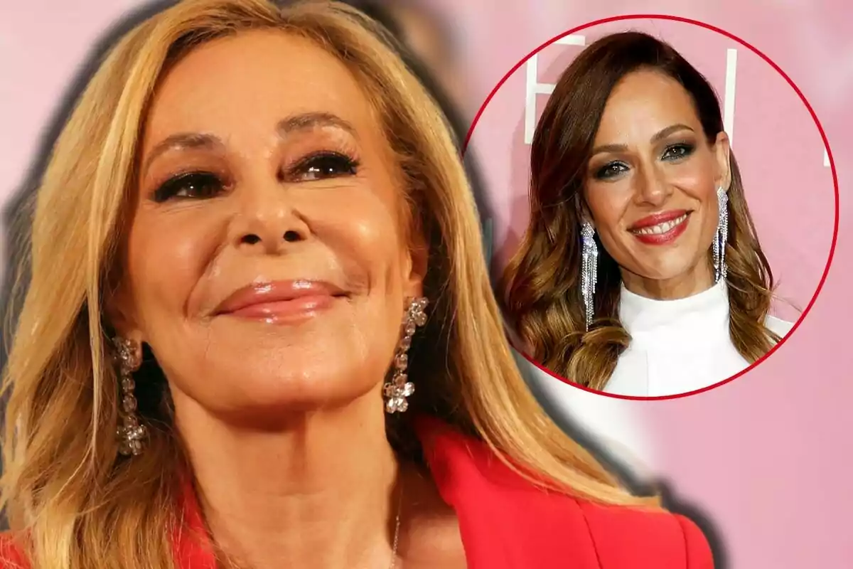 Ana Obregón and Eva González smiling with long hair and shiny earrings on a pink background.