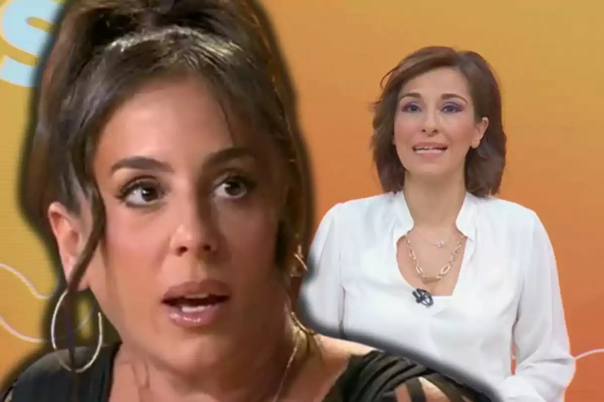 Anabel Pantoja y Adela González en un programa de televisión con fondo naranja.