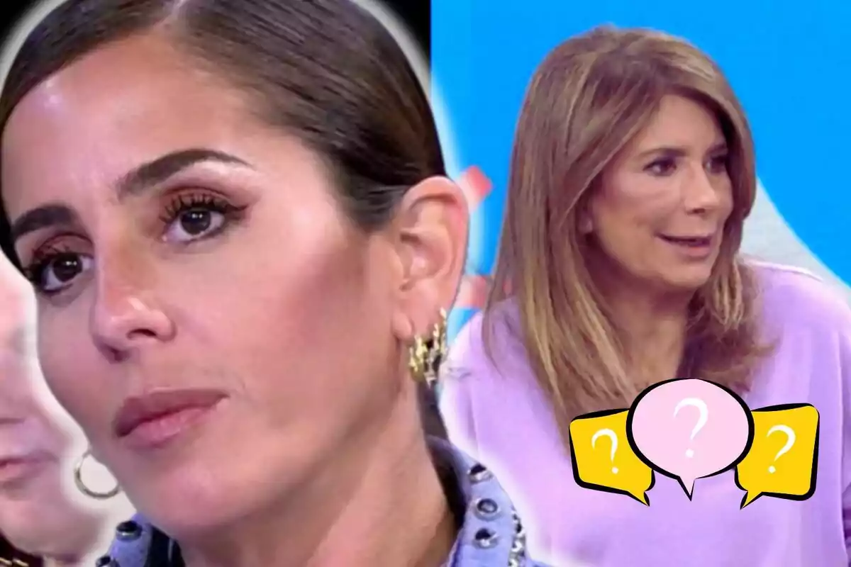 Anabel Pantoja and Gema López on a television show with expressions of surprise and speech bubbles with question marks.