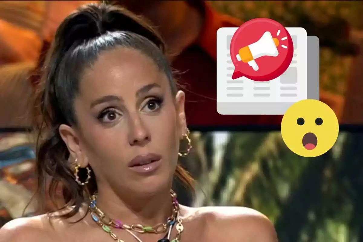 Anabel Pantoja con expresión sorprendida y emojis de megáfono y cara asombrada superpuestos.