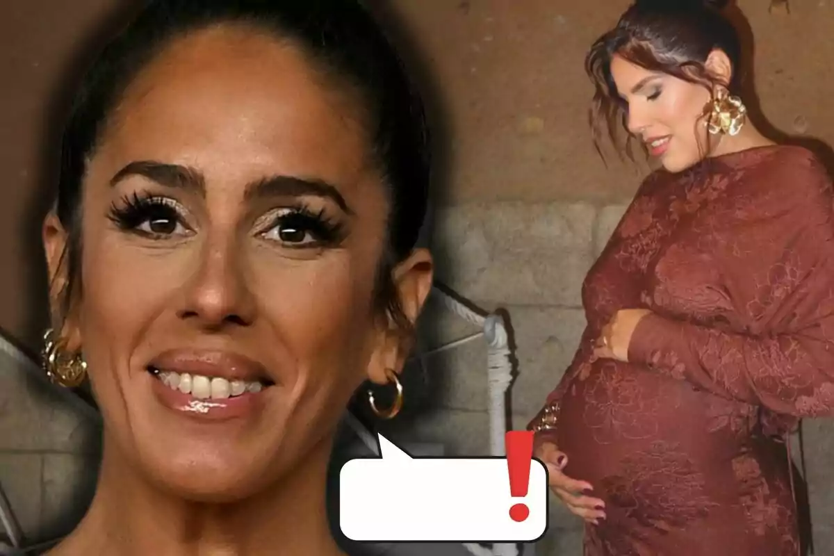 Anabel e Isa Pantoja aparecen en la imagen, una de ellas sonríe en primer plano y la otra está embarazada y viste un vestido marrón ajustado, además hay un globo de diálogo con un signo de exclamación rojo.