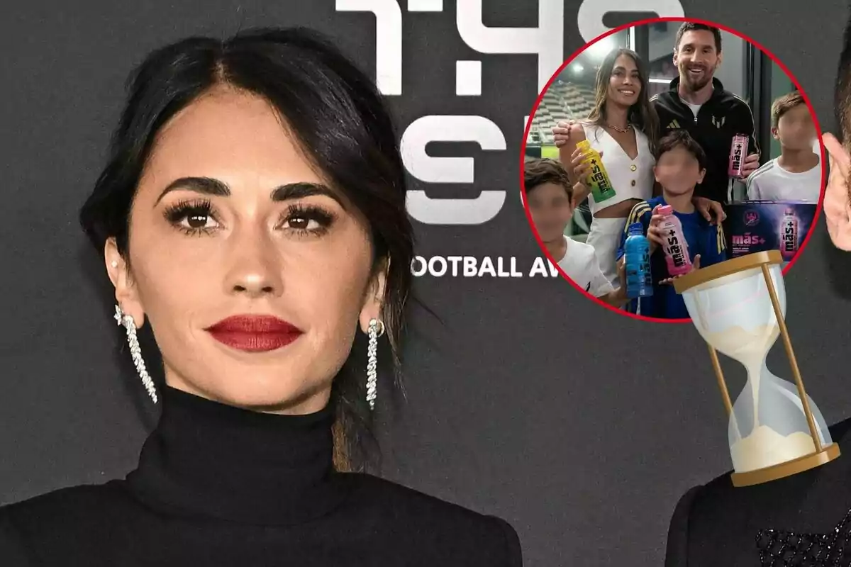 Antonela Roccuzzo con vestido negro y labios rojos en un evento, con una imagen insertada de su familia sosteniendo bebidas.