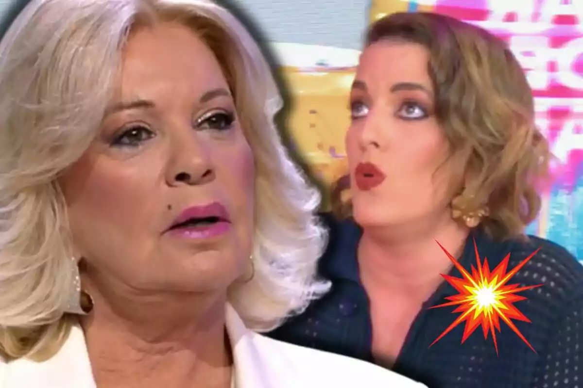 Bárbara Rey and Leticia Requejo on a television program with a graphic explosion in the corner.