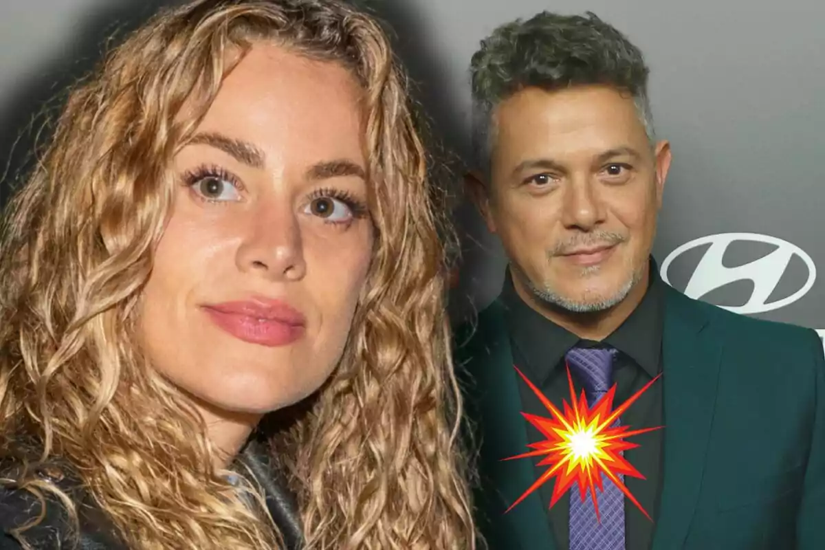 Candela Márquez y Alejandro Sanz posan juntos, el hombre lleva un traje y una corbata morada y sobre su pecho hay un gráfico de explosión amarilla y roja