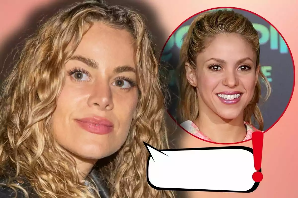 Candela Márquez and Shakira appear in an edited image with a red circle and an empty speech bubble with a red exclamation mark over a blurred background.