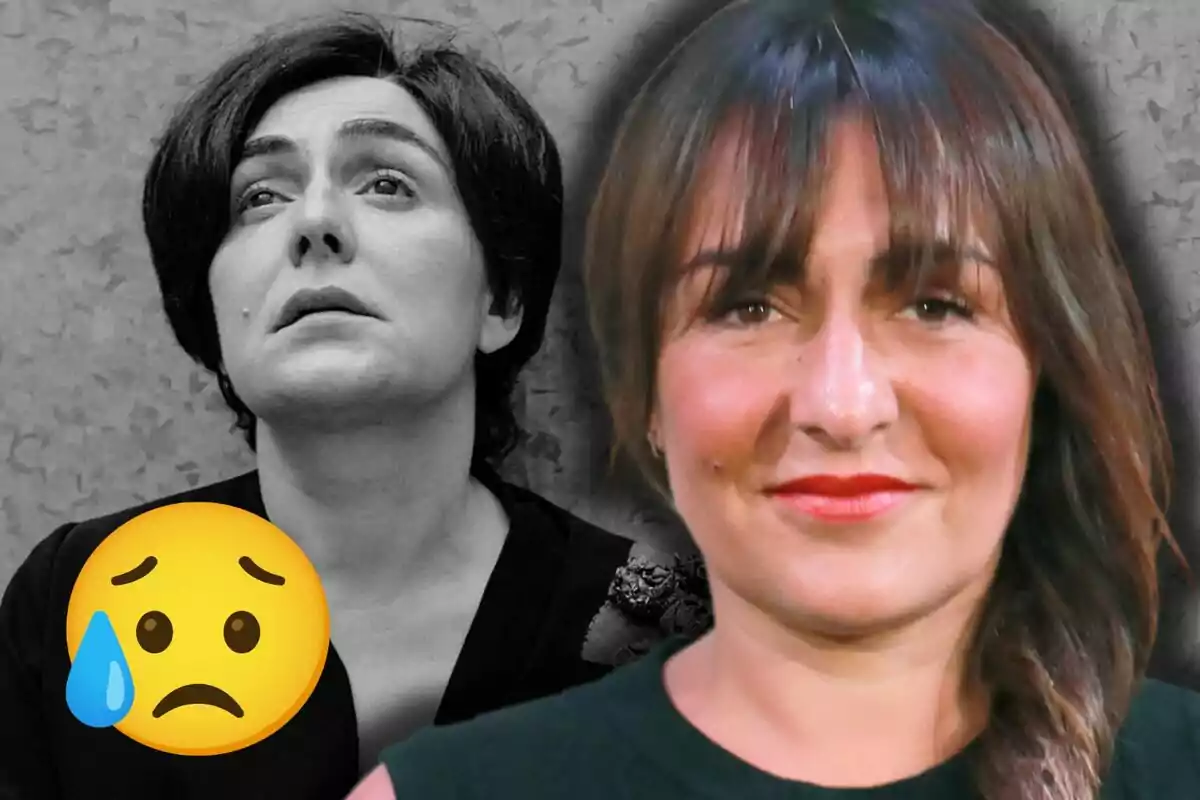 Two images of Candela Peña, one in black and white with a sad expression and a crying face emoji, and another in color with a neutral expression.