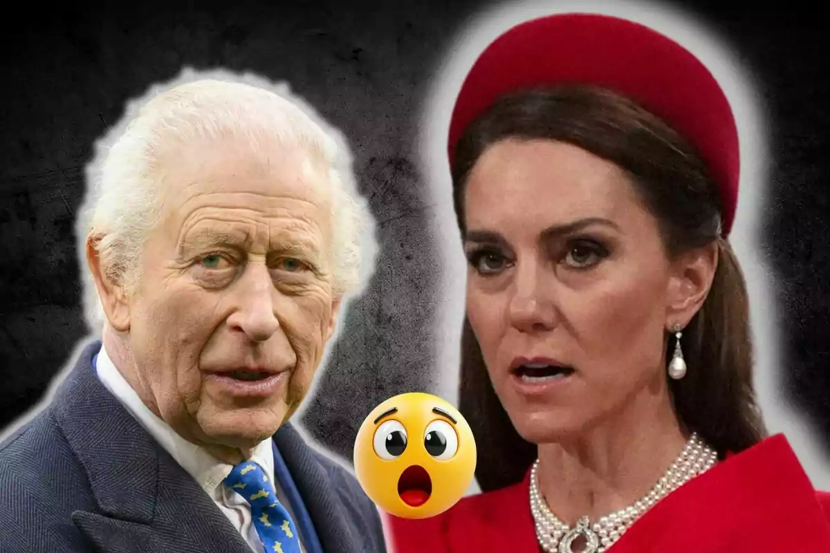 Carlos III y Kate Middleton con tocado rojo y collar de perlas aparecen juntos sobre un fondo oscuro con un emoji de sorpresa entre ellos