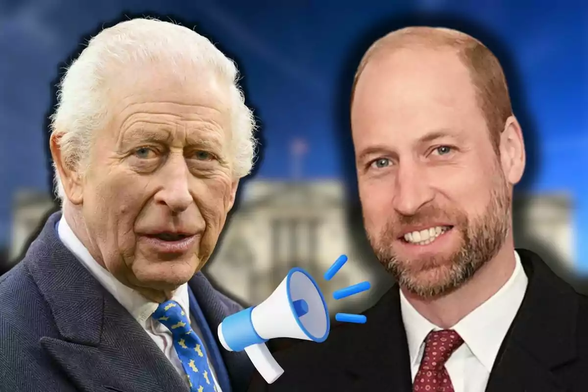 Charles III and Prince William in suits with an illustrated megaphone between them and a blurred building in the background