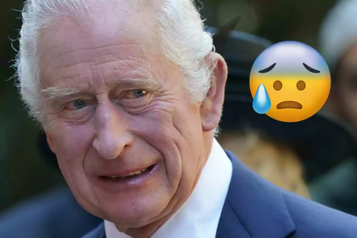 Charles III with a worried expression and a sad face emoji with a sweat drop next to him