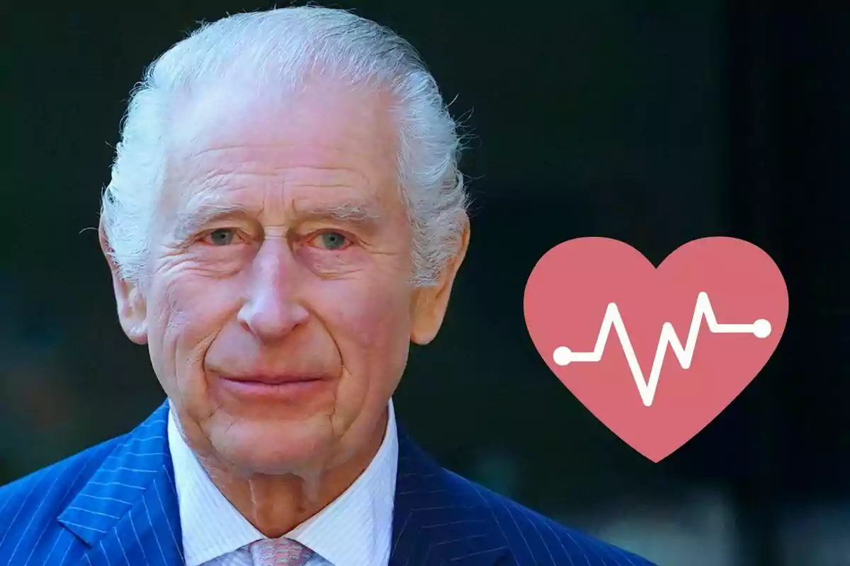 Charles III in a blue suit and tie, next to a heart icon with an electrocardiogram line.