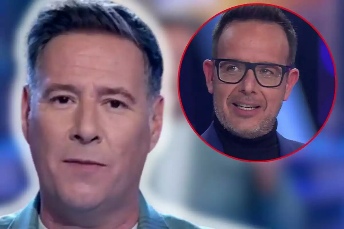 Carlos Latre con cabello oscuro aparece en primer plano mientras que en un círculo rojo se muestra a Àngel Llàcer con gafas y barba.