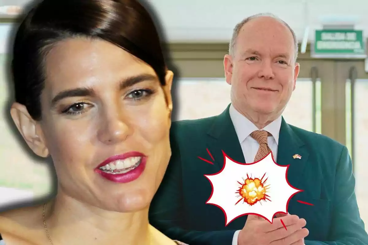 Close-up of Carlota Casiraghi smiling on the left side and Albert of Monaco in a suit in the background with an explosion graphic over his chest