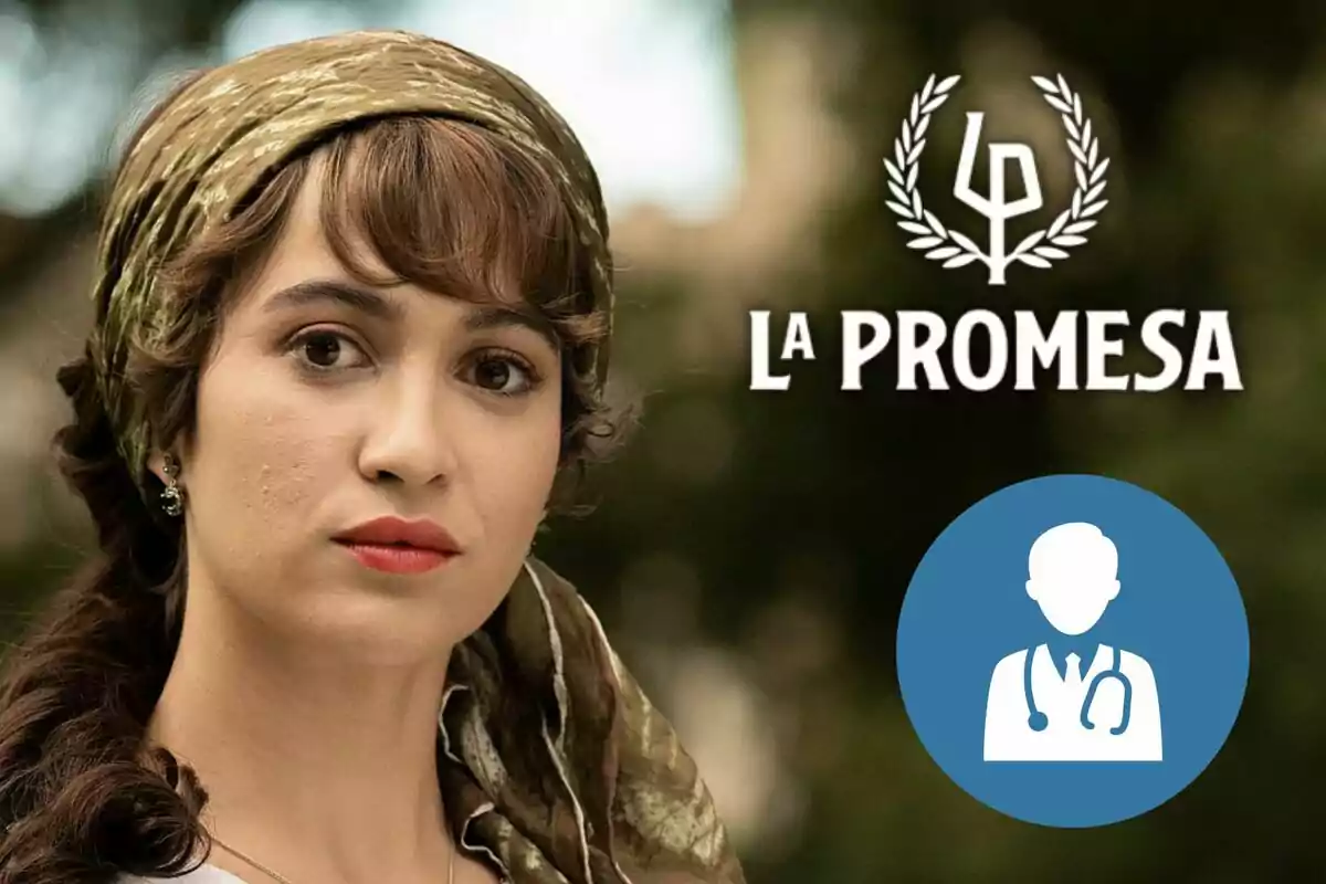 Carmen Asecas con un pañuelo en la cabeza aparece en primer plano, junto al logo de "La Promesa" y un icono de médico sobre un fondo desenfocado.