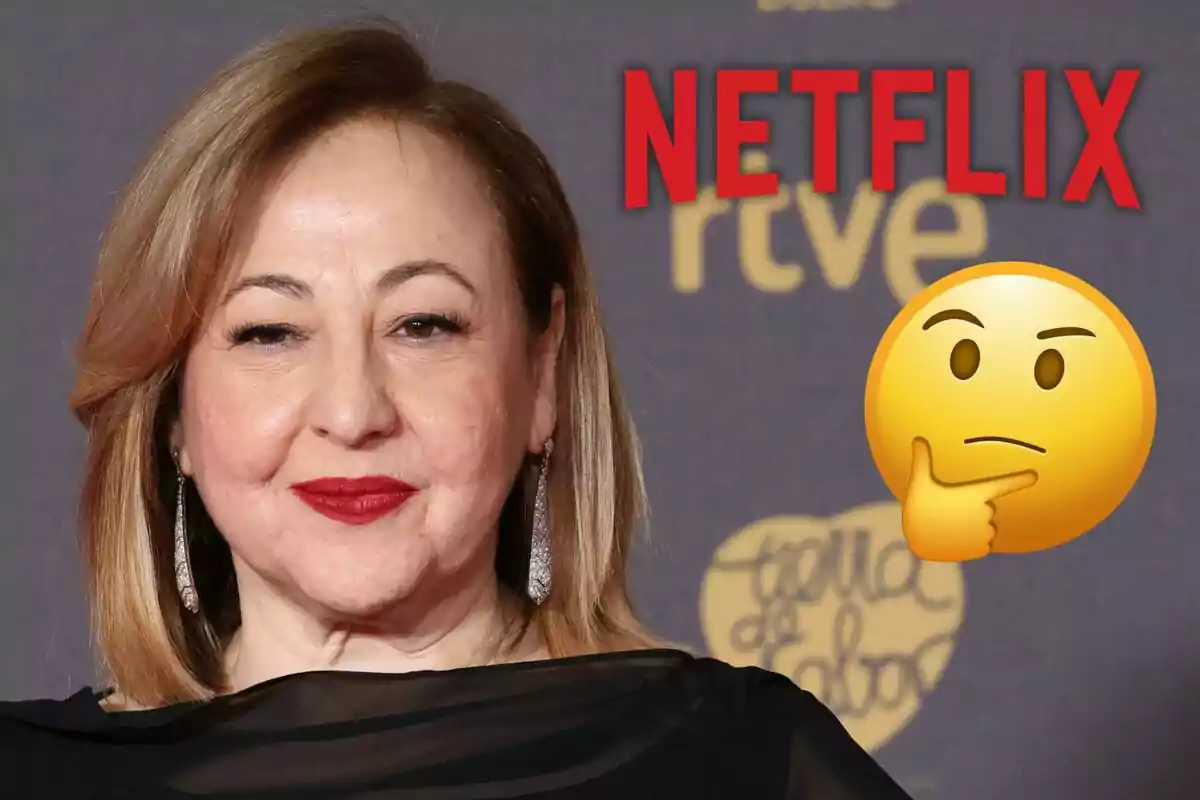 Carmen Machi con cabello rubio y labios rojos en un evento, con el logo de Netflix y un emoji pensativo superpuestos.