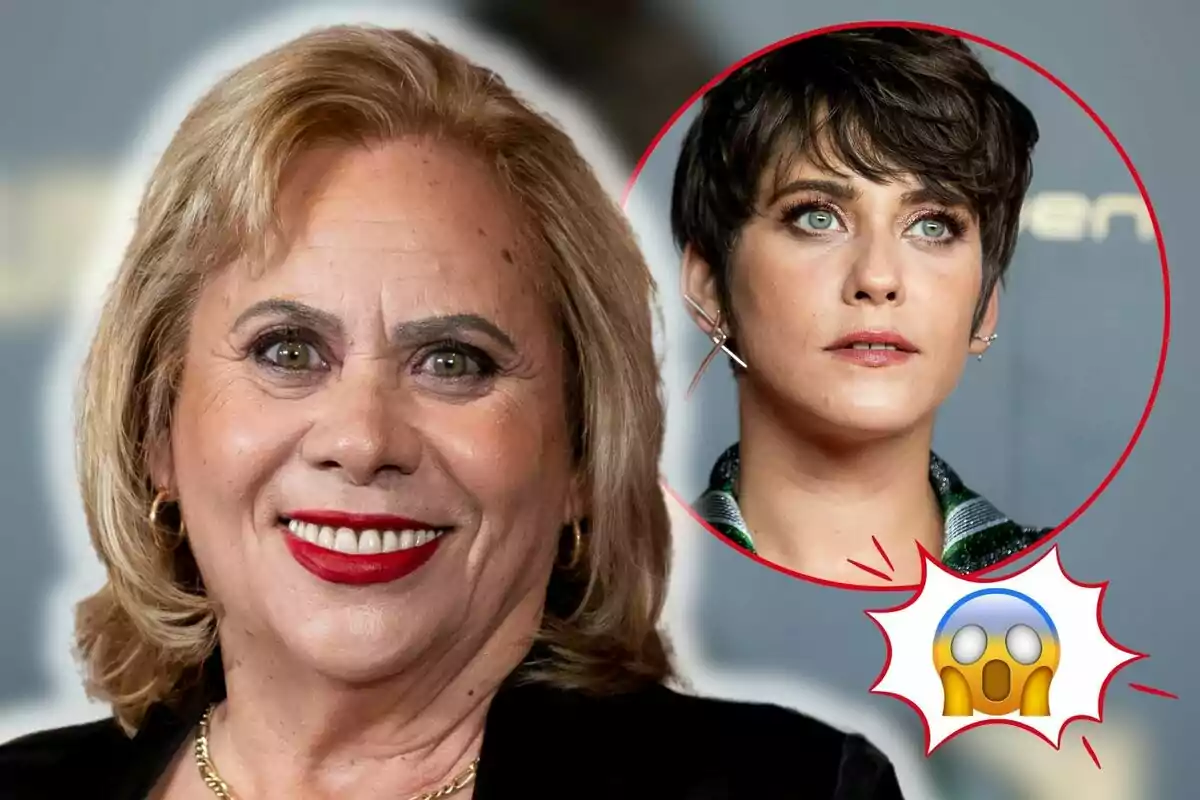 Carmina Barrios sonriente con cabello rubio y labios rojos aparece en primer plano, mientras que en un círculo rojo al fondo se muestra a María León con expresión seria, acompañada de un emoji sorprendido.