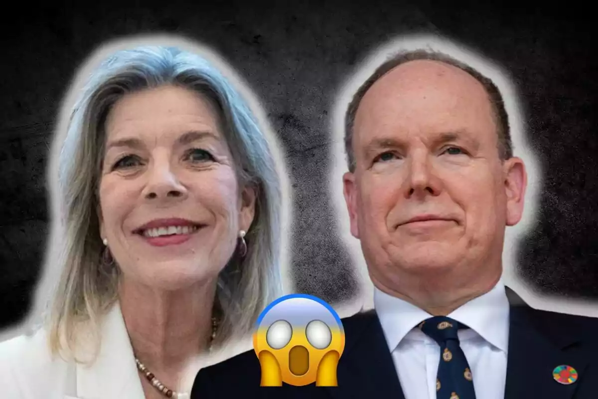 Carolina and Albert of Monaco posing together with a dark background and a surprised emoji in the foreground.