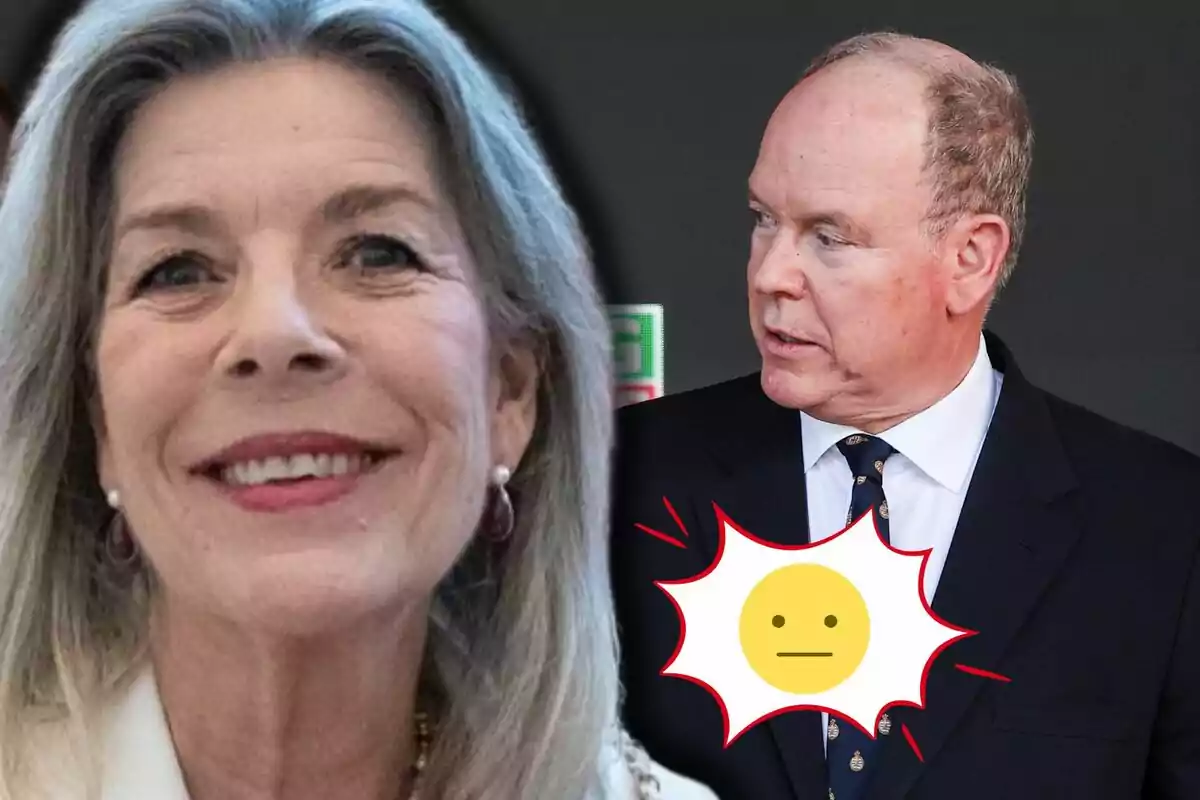 Caroline of Monaco smiles in the foreground while Albert of Monaco, wearing a suit, watches her in the background, with a neutral face emoji between them.