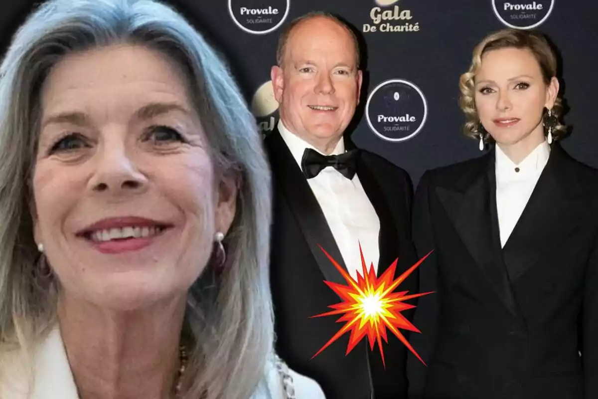 Caroline of Monaco smiles in the foreground while, in the background, Albert of Monaco and an elegantly dressed Charlene pose at an event with a superimposed explosion graphic.