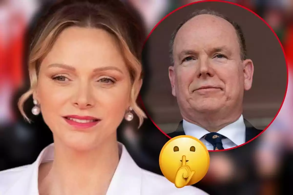 Charlene con aretes de perlas y Alberto de Mónaco en un círculo rojo con un emoji de silencio en primer plano.