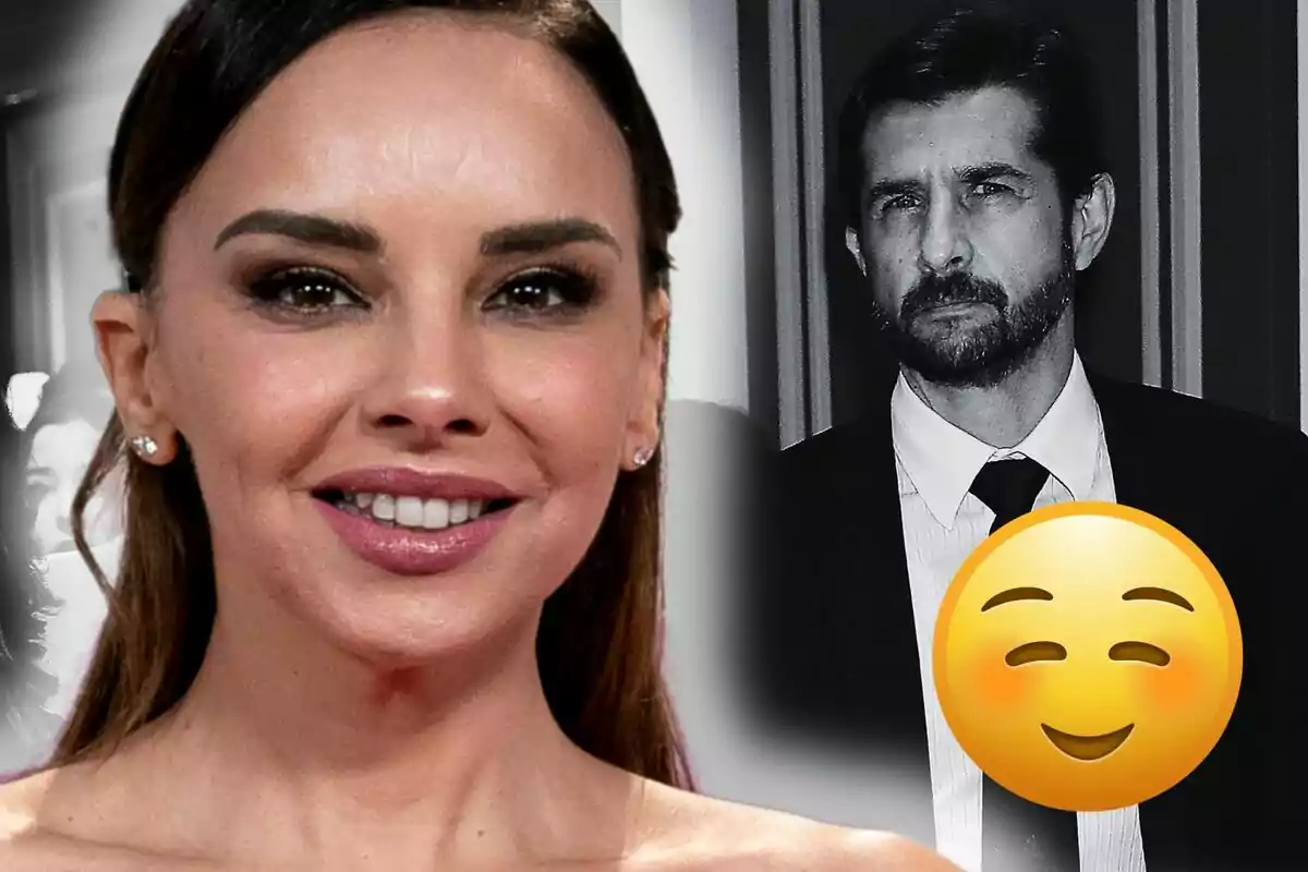 Chenoa smiling in the foreground and Miguel Sánchez in a suit in black and white in the background with a smiling emoji superimposed.