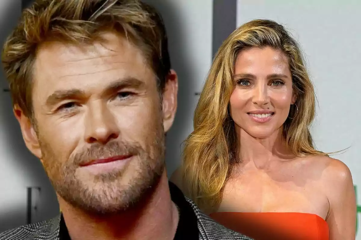 Chris Hemsworth with a serious expression appears in the foreground while Elsa Pataky, smiling in a red dress, is in the background.