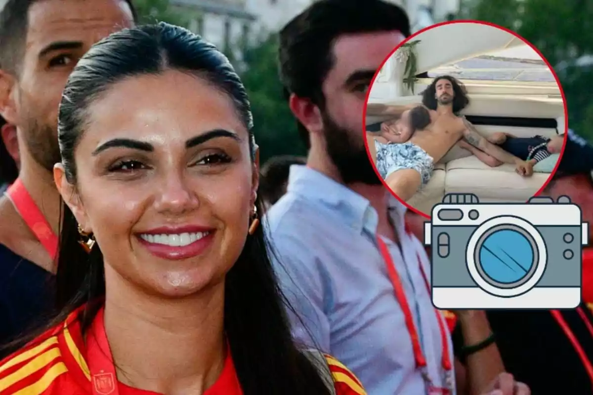 Claudia Rodríguez sonriente con una camiseta roja y un hombre con barba en el fondo, con un recuadro que muestra a Marc Cucurella sin camisa descansando en un sofá con sus hijos.