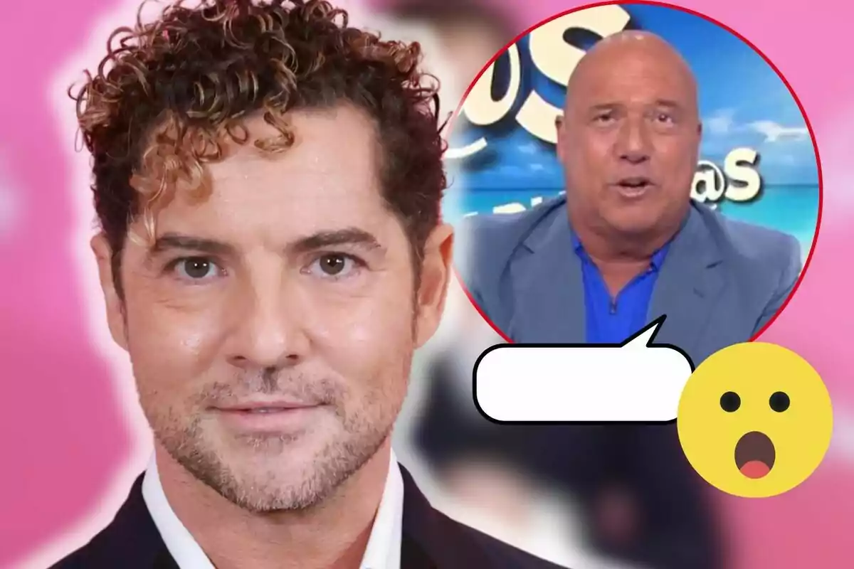 David Bisbal con cabello rizado en primer plano y un recuadro con Alfonso Arús hablando en un programa de televisión, acompañado de un emoji sorprendido.