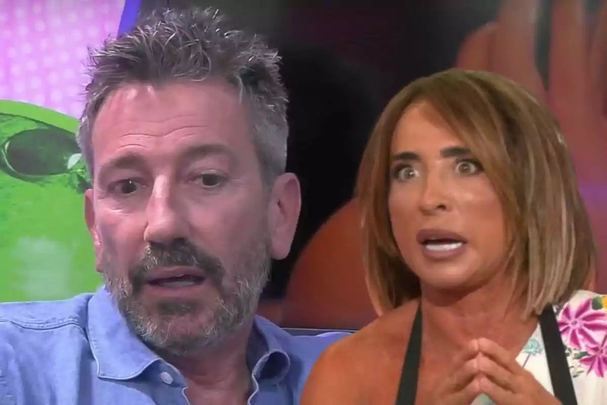 David Valldeperas y María Patiño en un programa de televisión, una con expresión seria y otra con expresión sorprendida.