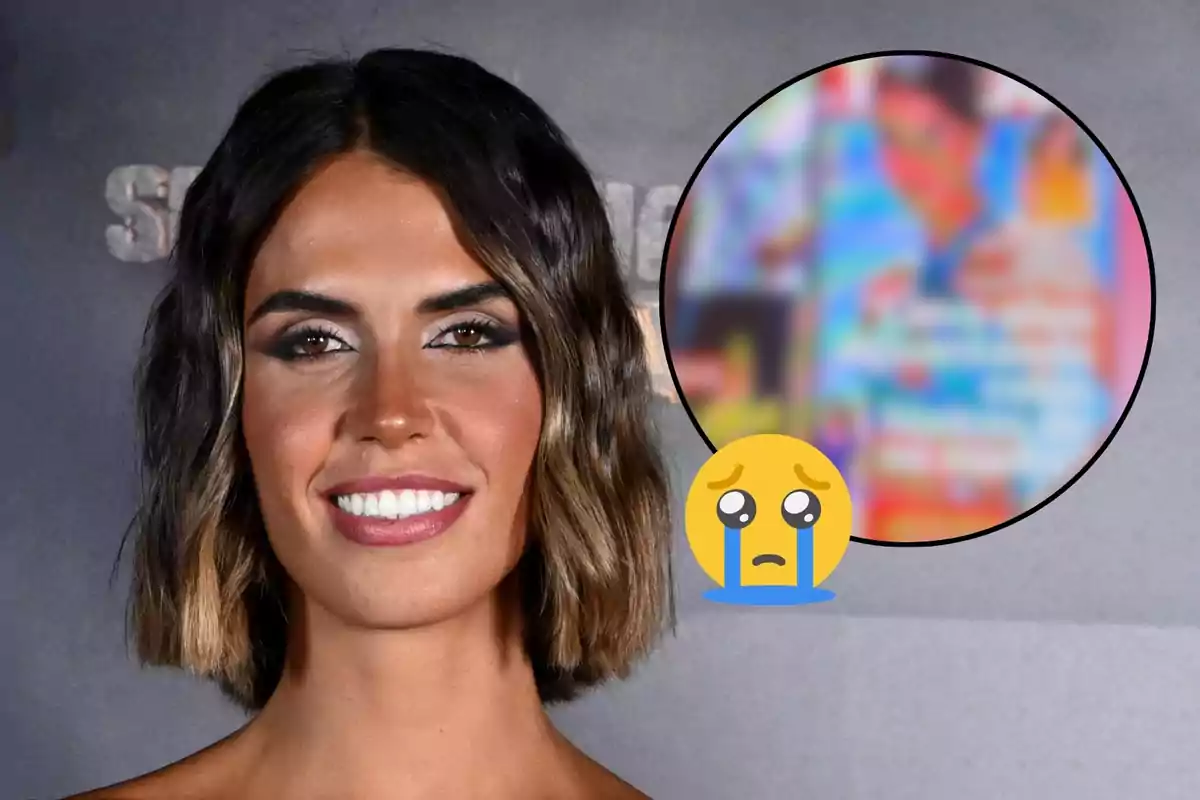 Sofía Suescun sonriente con cabello corto y ondulado, con un emoji de cara llorando y una imagen borrosa en un círculo a su lado.