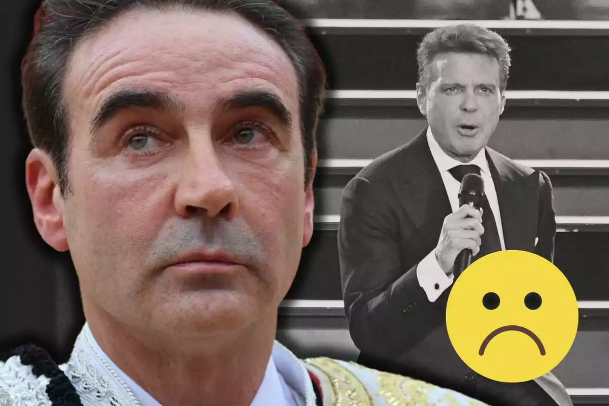 Enrique Ponce con expresión seria en primer plano y una imagen en blanco y negro de Luis Miguel con micrófono al fondo, con un emoji triste superpuesto.