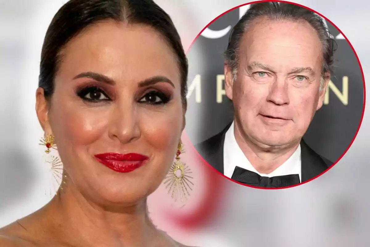 Eva Ruiz con maquillaje elegante y aretes dorados sonríe mientras Bertín Osborne con traje aparece en un recuadro circular a su lado.