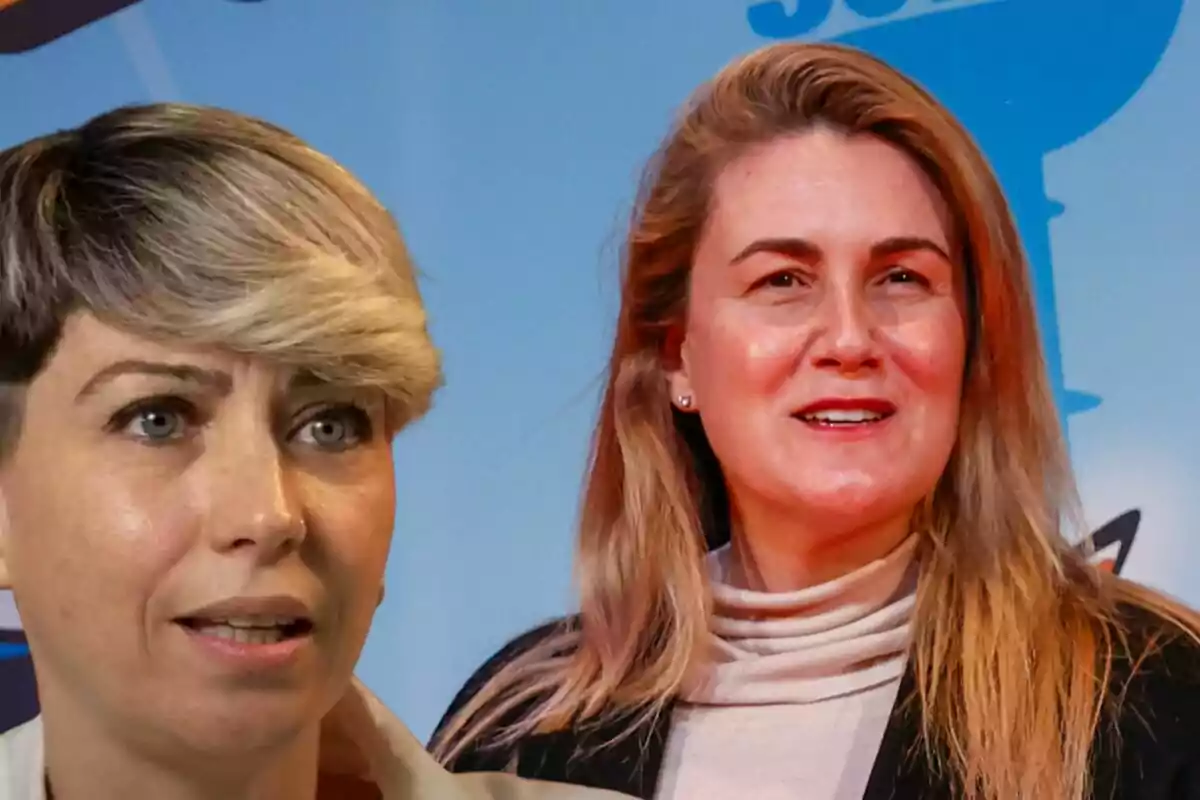 Fayna Bethencourt y Carlos Corredera con expresiones faciales diferentes frente a un fondo azul.